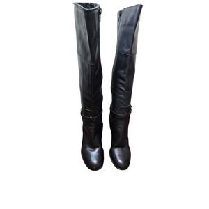 Marc Fisher Kevins Black Leather Knee-High Heeled Boots Buckle Size 7